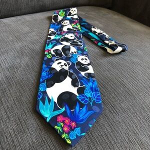 100% Silk tie panda bear animal floral flower leaf fun pattern tropical